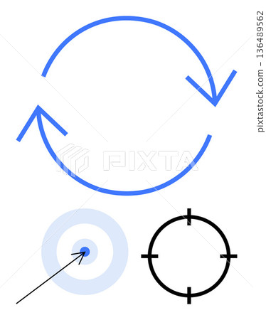 Business strategy, progress tracking, accuracy improvement, goal setting, focus visualization, directional process. Blue circular arrow, bullseye target and crosshair icon. Strategy and progress Business strategy, progress tracking, accuracy improvement, goal setting, focus visualization, directional process. Blue circular arrow, bullseye target and crosshair icon. Strategy and progress 136489562
