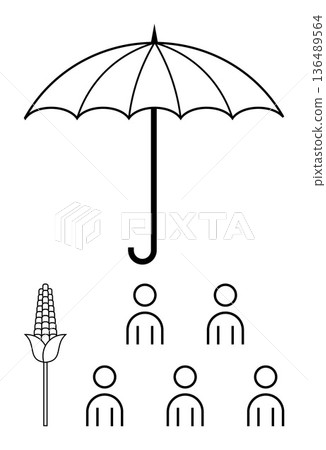 Agriculture, community welfare, insurance, protection, sustainability, food security. An umbrella over stick figures and a corn stalk. Agriculture and community welfare concept Agriculture, community welfare, insurance, protection, sustainability, food security. An umbrella over stick figures and a corn stalk. Agriculture and community welfare concept 136489564