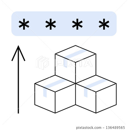 Logistics, secure shipment, encrypted data, safe packaging, password security, supply chain. Stacked boxes with taped seals below a secured password field illustration. Secure shipment and encrypted 136489565