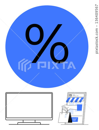 E-commerce, online shopping, discounts, retail marketing, digital sales, web stores. Percentage symbol with a monitor and mobile shopping interface. E-commerce and online shopping concept 136489567