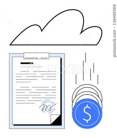 Cloud services, digital signatures, financial processes, secure transactions, online storage, business agreements. A signed document, coins and cloud icon. Cloud services and digital signatures Cloud services, digital signatures, financial processes, secure transactions, online storage, business agreements. A signed document, coins and cloud icon. Cloud services and digital signatures 136489569