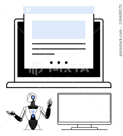 Artificial intelligence, robotics, website design, future technology, digital interfaces, and innovation. a robot, computer mockup website interface. AI and robotics in digital interfaces concept Artificial intelligence, robotics, website design, future technology, digital interfaces, and innovation. a robot, computer mockup website interface. AI and robotics in digital interfaces concept 136489570