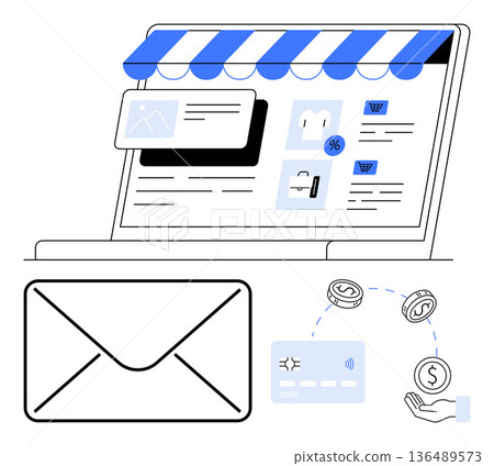 E-commerce, digital marketing, online business, payment systems, financial transactions, remote shopping. Laptop with e-commerce store, envelope card and payment symbols. E-commerce and payment E-commerce, digital marketing, online business, payment systems, financial transactions, remote shopping. Laptop with e-commerce store, envelope card and payment symbols. E-commerce and payment 136489573