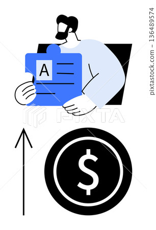 Business growth, financial planning, corporate success, profit increase, strategy development, team management. Man holding document, upward arrow dollar coin icon. Business growth and financial 136489574