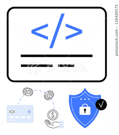 Web development, fintech, cybersecurity, payment processing, data protection, online transactions. Visual of code symbol, shield with a lock and payment process. Web development and cybersecurity Web development, fintech, cybersecurity, payment processing, data protection, online transactions. Visual of code symbol, shield with a lock and payment process. Web development and cybersecurity 136489575