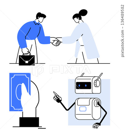 Business partnership, financial services, AI innovation, digital economy, future technology, corporate solutions. A handshake, a cash exchange and a robot. Business partnership and financial Business partnership, financial services, AI innovation, digital economy, future technology, corporate solutions. A handshake, a cash exchange and a robot. Business partnership and financial 136489582