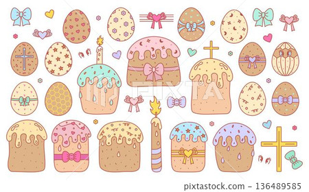 Easter cakes and eggs, vector retro color set. Decorated eggs and kulichi pies with colorful sugar glaze Easter cakes and eggs, vector retro color set. Decorated eggs and kulichi pies with colorful sugar glaze 136489585