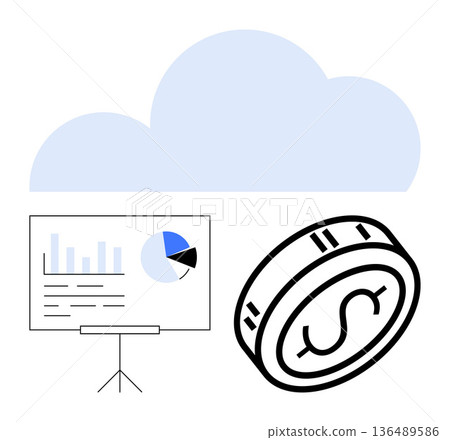 Cloud storage, finance management, business analytics, investment growth, financial technology, digital economy. A dollar coin, cloud icon and chart with graphs. Cloud storage and finance management Cloud storage, finance management, business analytics, investment growth, financial technology, digital economy. A dollar coin, cloud icon and chart with graphs. Cloud storage and finance management 136489586
