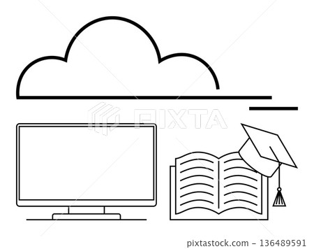 Online learning, education technology, digital classrooms, virtual tutorials, e-learning platforms, academic achievement. Minimalist design with a cloud, computer book and graduation cap. Online Online learning, education technology, digital classrooms, virtual tutorials, e-learning platforms, academic achievement. Minimalist design with a cloud, computer book and graduation cap. Online 136489591
