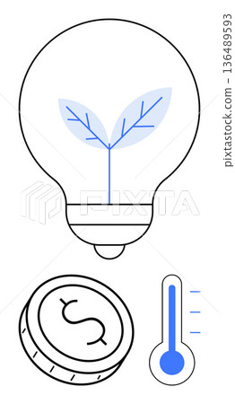 Sustainability, renewable energy, financial savings, green technology, environmental awareness, energy efficiency. Light bulb with a leaf, coin and thermometer. Sustainability and renewable energy Sustainability, renewable energy, financial savings, green technology, environmental awareness, energy efficiency. Light bulb with a leaf, coin and thermometer. Sustainability and renewable energy 136489593