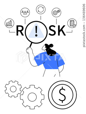 Business risk, financial planning, process analysis, decision-making, problem solving, strategy development. Person examining bold word Risk connected to icons. Business risk and financial planning 136489606