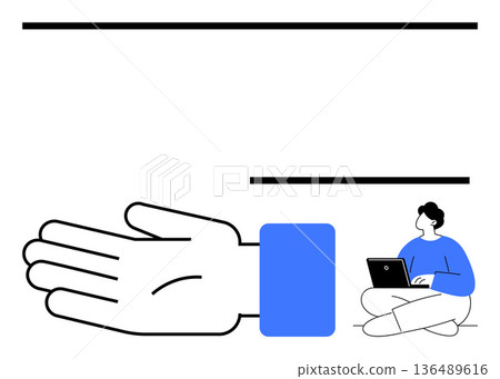 Collaboration, remote work, online learning, teamwork, digital communication, helping hand. Open hand and seated person with laptop. Collaboration and remote work concept 136489616