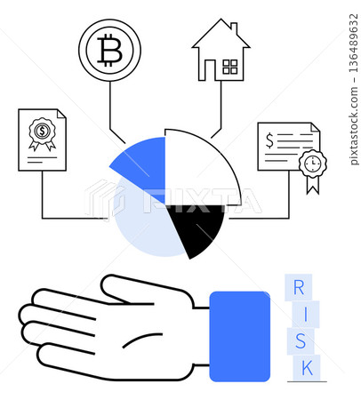 Financial planning, risk management, cryptocurrency, investments, decision-making, asset allocation. A hand with connected pie chart, Bitcoin house documents. Financial risk and investment planning 136489632