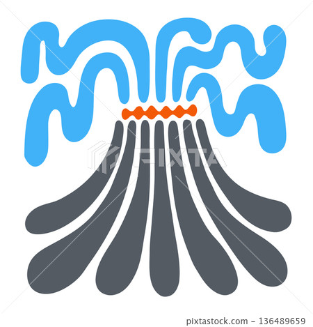 Volcano crater and steam rising above it. Flowing organic shapes. Simple graphic color illustration isolated on white background. 136489659