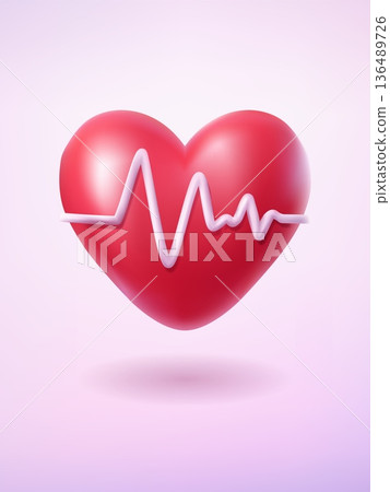Glossy red heart with white heartbeat line floating on soft pink gradient background medical health love concept icon Glossy red heart with white heartbeat line floating on soft pink gradient background medical health love concept icon 136489726