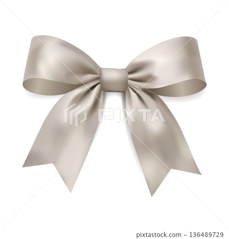 Greige satin ribbon bow with long tails realistic fabric knot isolated on white elegant gift wrapping and wedding decoration 136489729