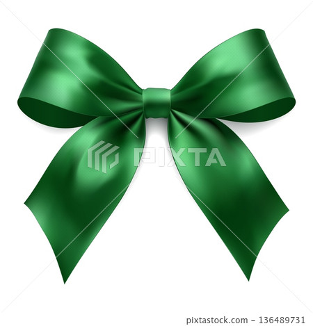 Realistic green satin ribbon bow isolated on white background gift decoration for packaging labels invitations and sale designs 136489731