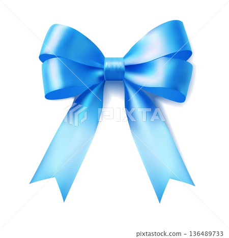 Blue satin ribbon bow with long V cut tails isolated on white realistic gift decoration for birthday wedding packaging 136489733