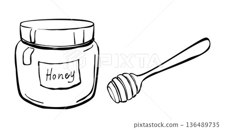 Hand drawn honey jar with lid and wooden honey dipper minimal black line art sweetener food icon isolated on white Hand drawn honey jar with lid and wooden honey dipper minimal black line art sweetener food icon isolated on white 136489735