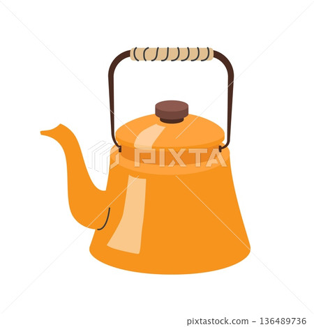 Orange vintage kettle with curved spout and wooden handle flat style isolated on white background retro kitchen utensil illustration 136489736