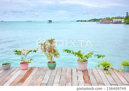 Wooden platform by the sea, holiday relaxation concept, Borneo, Malaysia. 136489749