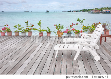 Wooden platform with seats by the sea, holiday relaxation concept, Borneo, Malaysia. 136489751