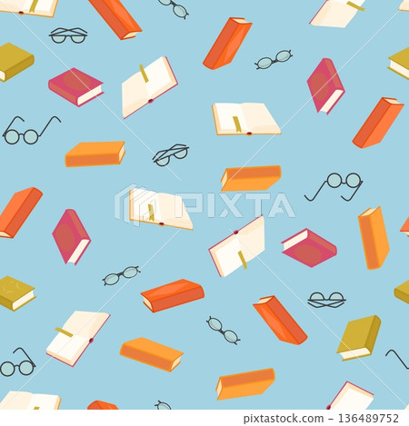 Seamless pattern with colorful books and reading glasses on blue background for education or library themed designs 136489752