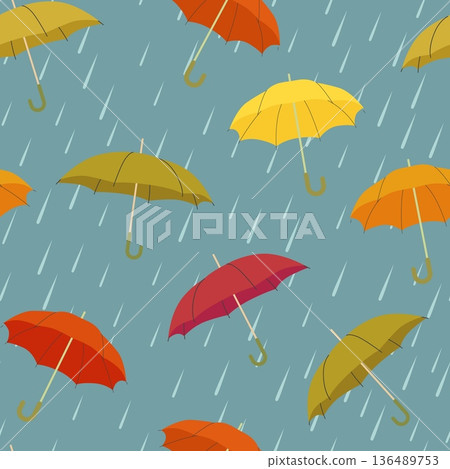 Seamless pattern with colorful umbrellas in falling rain on blue background perfect for seasonal designs and weather themed projects Seamless pattern with colorful umbrellas in falling rain on blue background perfect for seasonal designs and weather themed projects 136489753