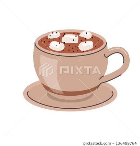 Cup of hot chocolate with marshmallows served on a saucer in cozy hand drawn style on white background 136489764