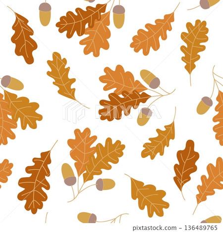 Seamless pattern of autumn oak leaves and acorns in warm orange and brown shades scattered on a white background 136489765