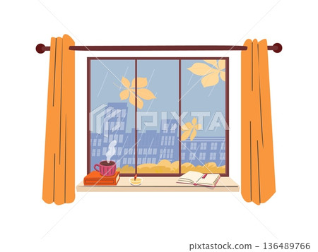 Cozy window scene with falling autumn leaves hot drink book and candle on windowsill against rainy cityscape background with orange curtains Cozy window scene with falling autumn leaves hot drink book and candle on windowsill against rainy cityscape background with orange curtains 136489766