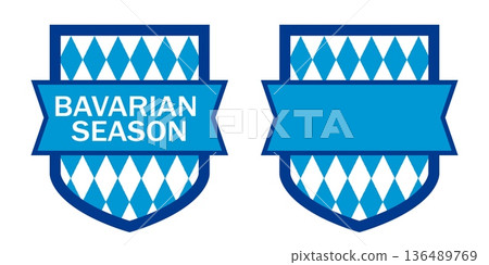 Bavarian season shield badge with blue and white diamond pattern ribbon panel for Oktoberfest labels and festival branding Bavarian season shield badge with blue and white diamond pattern ribbon panel for Oktoberfest labels and festival branding 136489769