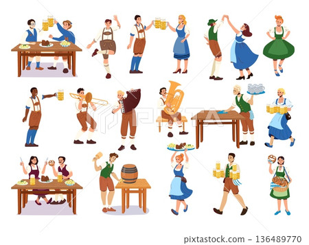 Cheerful Oktoberfest characters in Bavarian costumes dancing playing music serving beer and food with pretzels steins waiters servers and couples celebrating 136489770
