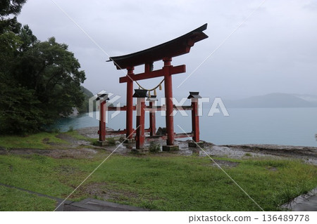 Gozanoishi Shrine on the shores of Lake Tazawa on a rainy day, Akita Prefecture, Tohoku 136489778