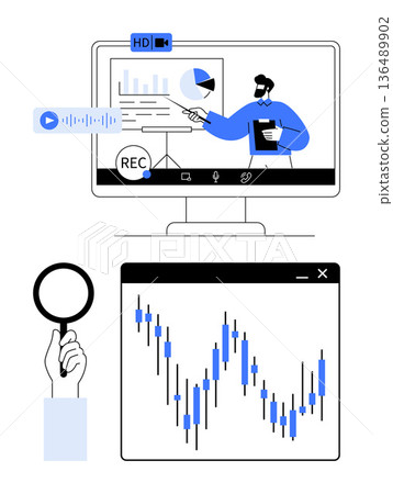 Business strategy, data analysis, digital tools, online education, financial statistics, technology solutions. Presentation with graphs, charts and analytics. Business strategy and data analysis 136489902