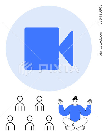 Virtual meetings, mindfulness, self-improvement, digital interaction, online seminars, wellness. Blue video icon, audience figures meditating individual. Virtual meetings and mindfulness concept 136489903