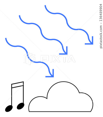 Online music, cloud technology, file storage, data streaming, audio sharing, digital access. Blue arrows, music note cloud icon. Online music and cloud technology concept 136489904