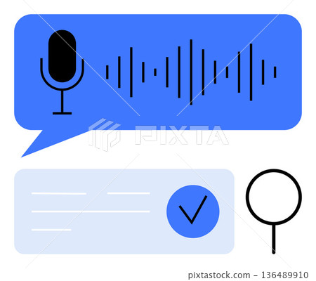 Speech recognition, voice authentication, AI communication, sound processing, digital assistant, search functionality. Microphone, soundwave checkmark and magnifying glass icons. Voice recognition 136489910