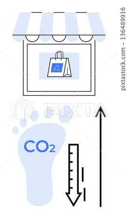 Sustainability, eco-consciousness, carbon reduction, climate change, environmental impact, retail responsibility. Storefront, shopping bag CO2 footprint and reduction indicator. Sustainability 136489916