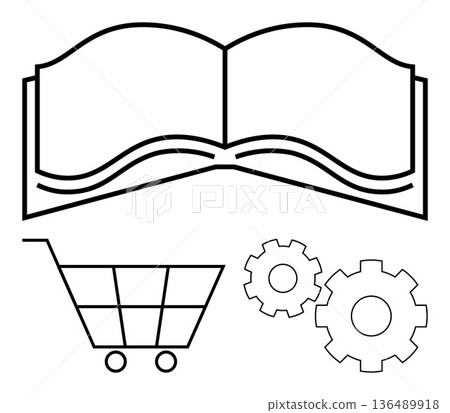 Education, knowledge sharing, e-commerce practices, shopping, configuration tools, digital design. Open book, shopping cart and gears in a minimalistic style. Education and e-commerce concepts Education, knowledge sharing, e-commerce practices, shopping, configuration tools, digital design. Open book, shopping cart and gears in a minimalistic style. Education and e-commerce concepts 136489918