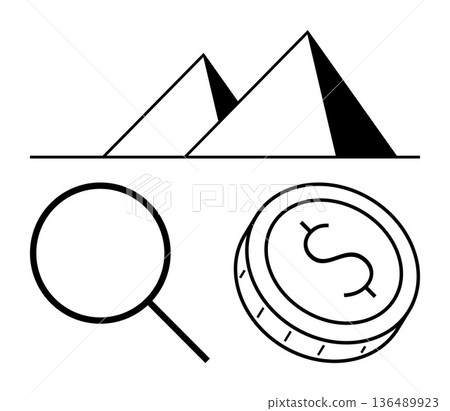 Finance, research, history, archaeology, economics, wealth. Magnifying glass, pyramids and dollar coin displayed. Finance and research exploration and monetary concepts Finance, research, history, archaeology, economics, wealth. Magnifying glass, pyramids and dollar coin displayed. Finance and research exploration and monetary concepts 136489923