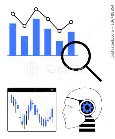Data analysis, AI, technology innovation, business intelligence, financial insights, research tools. Bar and line charts, magnifying glass and AI head with a cogwheel. Data analysis and AI concept 136489954