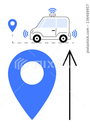 Autonomous driving, GPS navigation, smart vehicles, transportation technology, delivery logistics, mapping systems. A driverless car with location pin and arrow. Autonomous driving and GPS navigation 136489957
