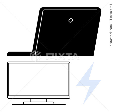 Technology, hardware, computing, energy, digital tools, connectivity. A rear view of a laptop, a blank monitor and a lightning bolt icon. Technology and hardware concept conveying energy and digital Technology, hardware, computing, energy, digital tools, connectivity. A rear view of a laptop, a blank monitor and a lightning bolt icon. Technology and hardware concept conveying energy and digital 136489961