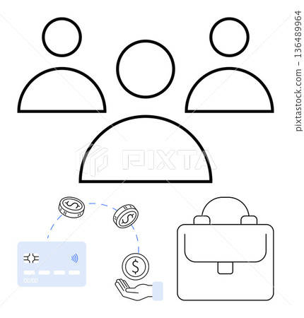 Business strategy, transaction systems, teamwork collaboration, financial services, digital payment, investment planning. Group of people, wallet payment card money transfer. Teamwork 136489964