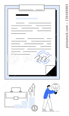 Business agreements, innovation, contract signing, financial growth, career development, entrepreneurship. Document with signature, charts and person with lightbulb. Business agreements Business agreements, innovation, contract signing, financial growth, career development, entrepreneurship. Document with signature, charts and person with lightbulb. Business agreements 136489965