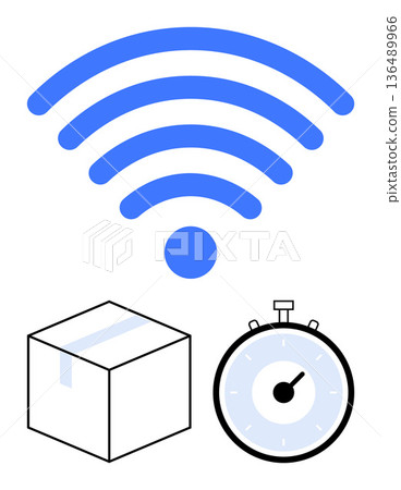 Logistics, delivery efficiency, time management, online tracking, network connectivity, shipment technology. Image showing wireless symbol, a box and a stopwatch. Logistics and delivery efficiency 136489966