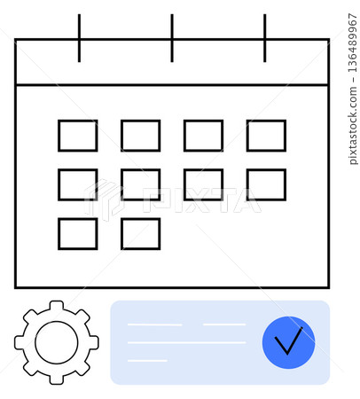 Task management, scheduling, planning, time management, productivity tools, event organization. Minimal design calendar with gear and checkmark. Task management and scheduling concepts Task management, scheduling, planning, time management, productivity tools, event organization. Minimal design calendar with gear and checkmark. Task management and scheduling concepts 136489967