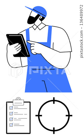 Task management, productivity, goal setting, planning, workflow optimization, quality assurance. Worker in uniform using a tablet with checklist and target. Task management and productivity concept Task management, productivity, goal setting, planning, workflow optimization, quality assurance. Worker in uniform using a tablet with checklist and target. Task management and productivity concept 136489972