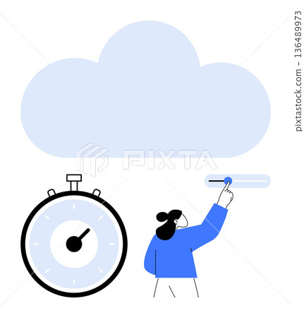 Cloud technology, time management, digital storage, user interaction, data synchronization, online apps. Minimalist design with a cloud, stopwatch and person adjusting settings. Cloud technology 136489973
